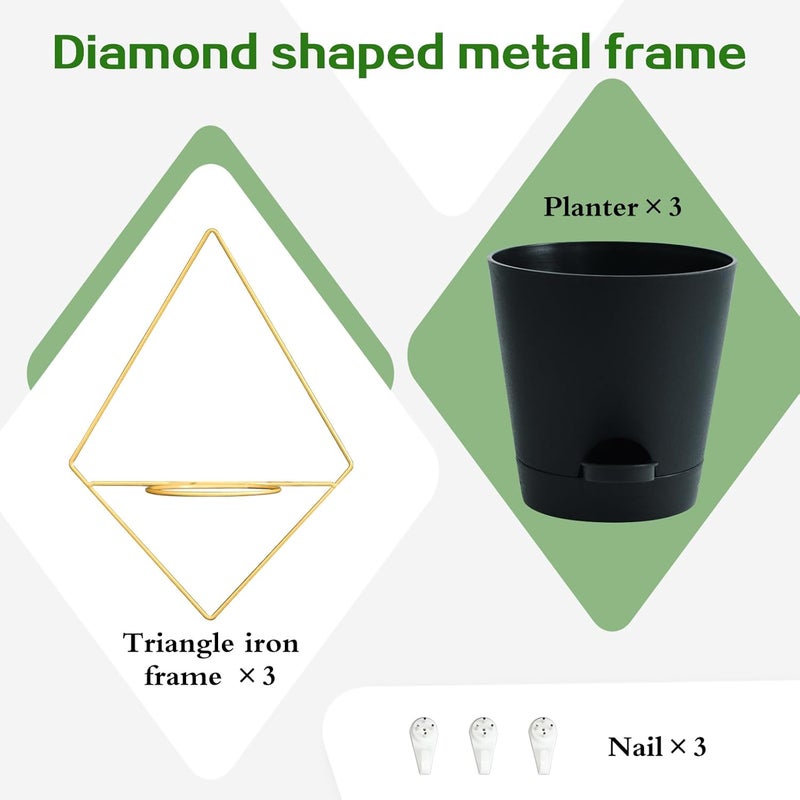 Koalaime 3 Sets Wall Planters for Indoor Plants Geometric Hanging Planters for Indoor Plants - Self-Watering Flower Pots with Black Metal Holder, Mounted Succulent Planter, 5" Black Plant Pot - Image 4